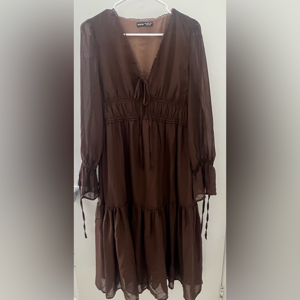 SHEIN Brown Long Sleeve Tiered Dress